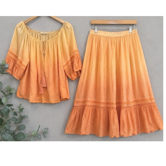 Cato Tops - Cato Ombre Peasant Top Skirt Set M Orange Gold Metallic Boho Festival Blouse